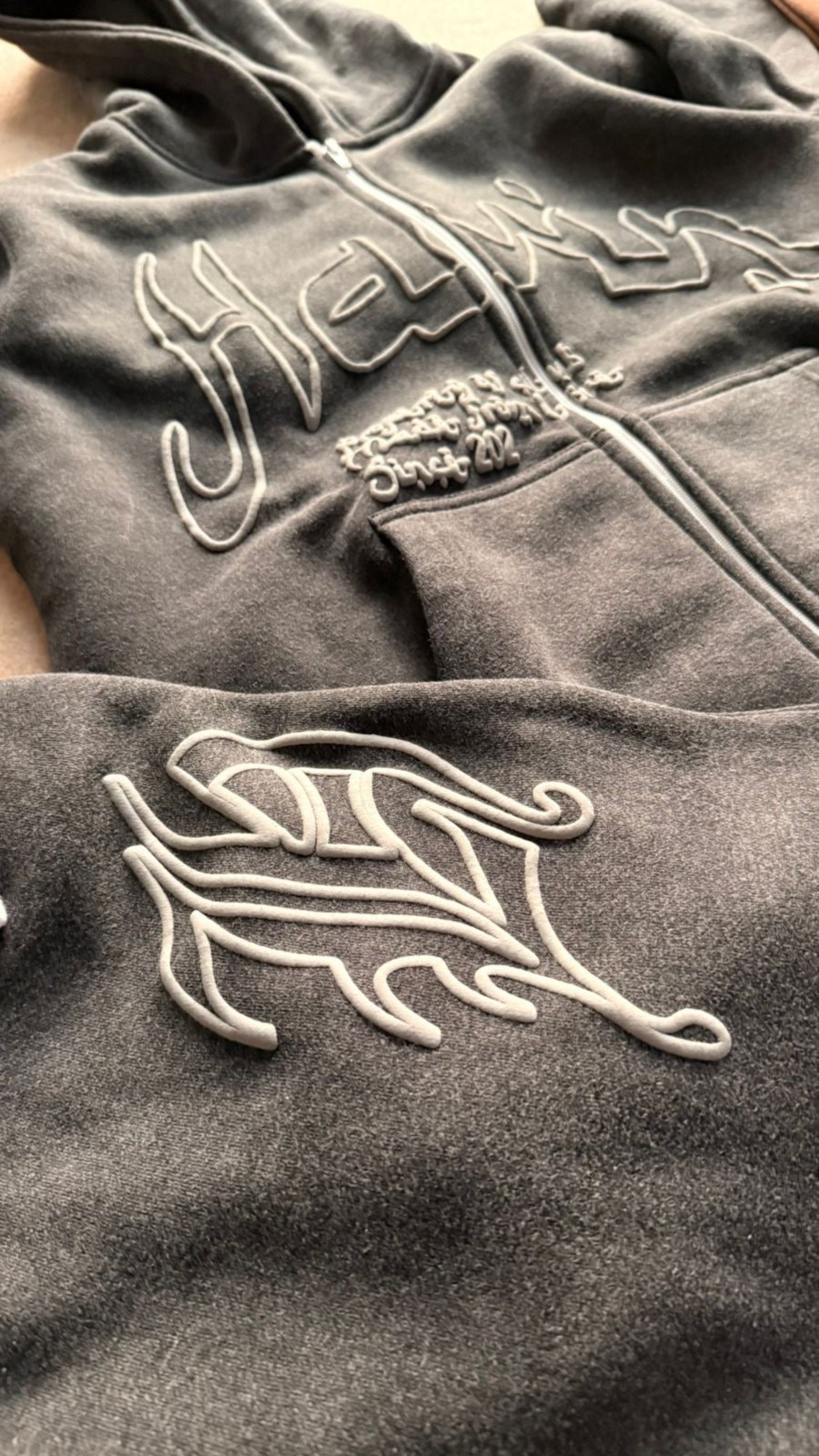 Close-up of acid washed black and gray sets with puff print